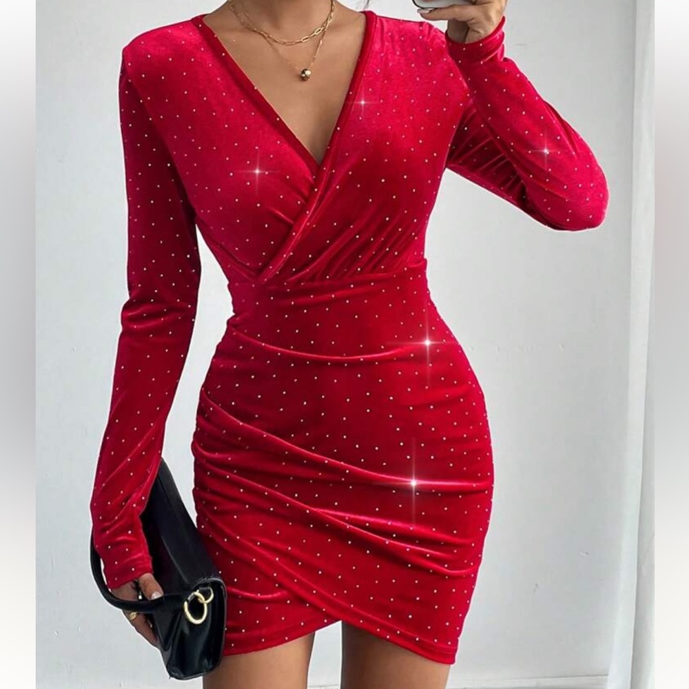 SHEIN Overlap V-neck Long Sleeve Velvet Dress
